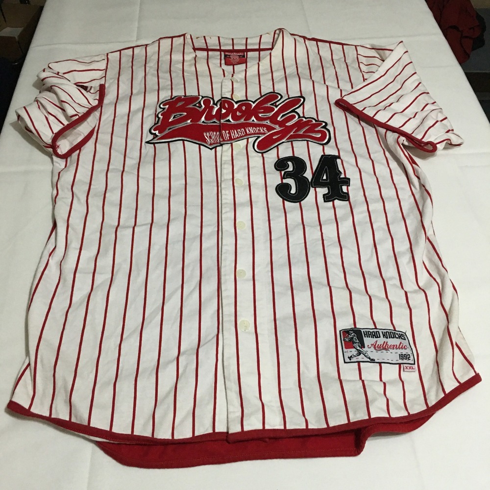 School of Hard Knocks Baseball Jersey Mens XXL White Red Pinstripe Patch 34